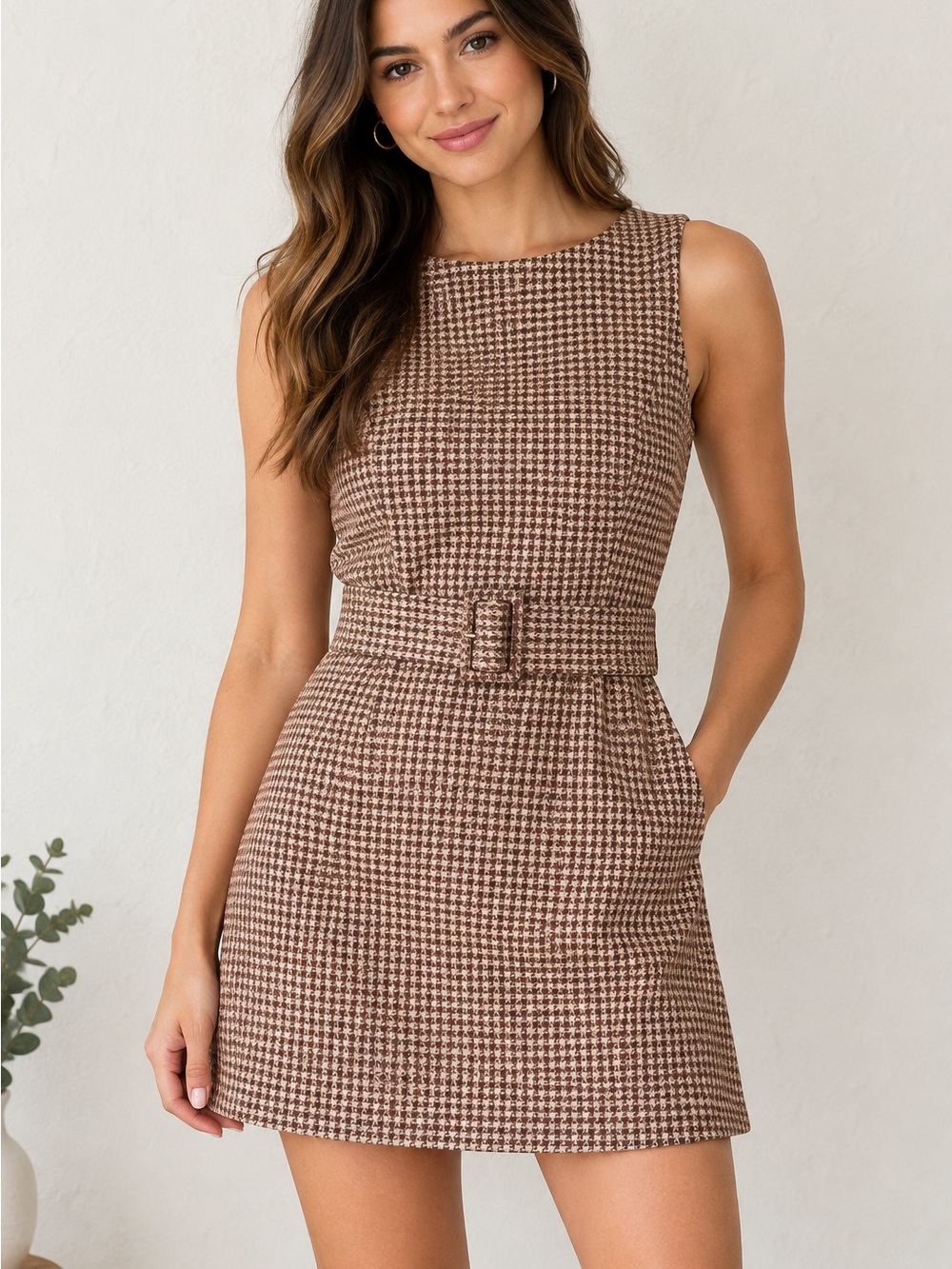 Cider Brown Houndstooth Belted Mini Dress
